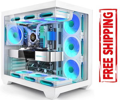 White PC Case, ATX Gaming PC Case with 7 PWM ARGB Fans Pre-Installed,Type-C Full