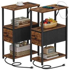 Set of 2 Small Narrow End Table with Charging Station, Side Table with Outlet...