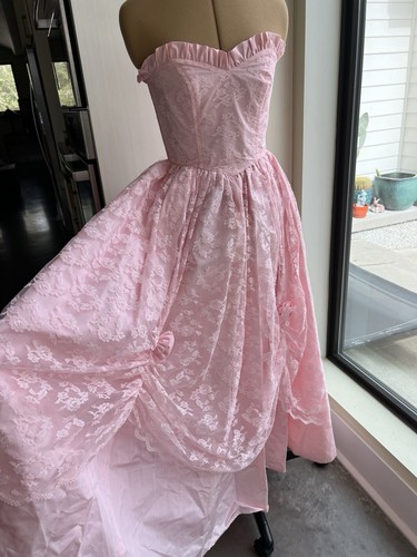 Vintage 1960s Pink Dress Lace Party Formal Gown Rose Handmade Prom Strapless - Picture 1 of 9