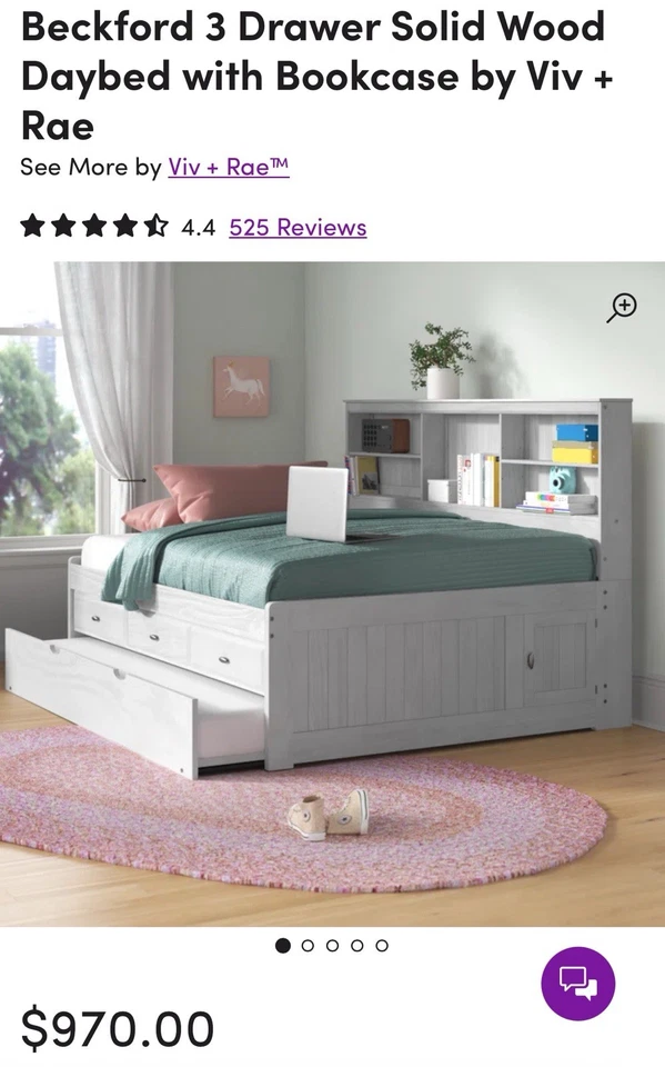 Cama de día Beckford - gris de 3 cajones de madera maciza con nido y estantería de Viv + Rae Foto 3 de 4