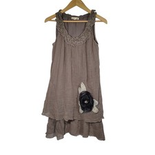 Mine Twofer Dress Ruffle Neck Layered Hem Flower Applique Taupe Small