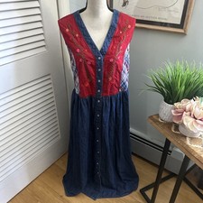 Vintage Carole Little Dress 22W Red Blue Chambray Retro 90s Maxi Granola Boho