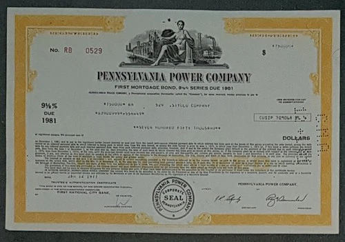 Pennsylvania Power Company 1977 9 5/8% Bond Due 1981 Face Value $750,000