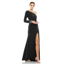Mac Duggal 55696 Black One Sleeve Beaded Cuff Side Twist Gown Size 12 New