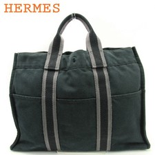 Borsa HERMES Fourre Tout MM nera grigia tela di cotone vintage