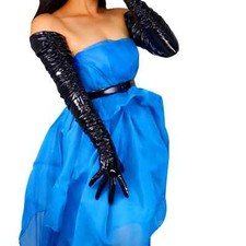 Oil Shine Black Ruched Leather Gloves 100cm Extra Long Faux PU Fashion Costume