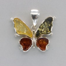 Hand Carved Multi-Color BALTIC AMBER Butterfly Pendant 925 STERLING SILVER 3179e