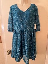 Kensie NWT Fit  Flare Dress Sz M Blue  Lurex Lace 3/4 Sleeve Fully Lined
