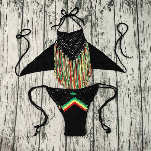 Handgefertigt gehäkelt Rasta farbig brasilianisch bunte Quaste Beachwear Bikini Set - Bild 6 von 6