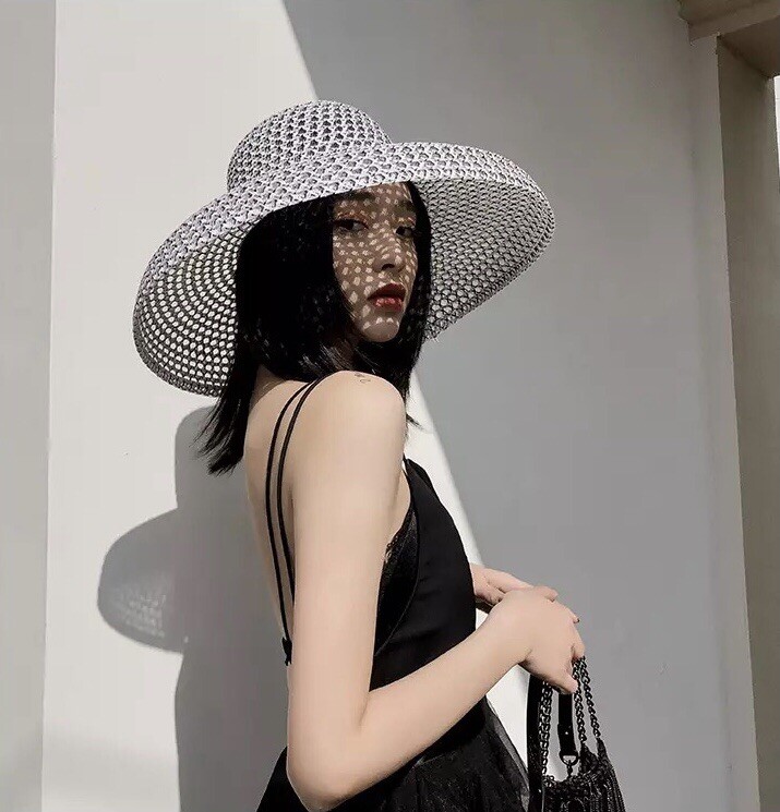 Fashion Sun Hat White Woven Big Wide Brim Straw Hepburn Retro