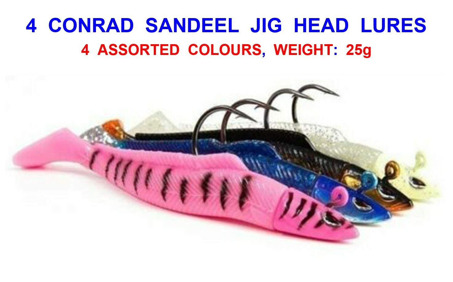 4 FLADEN CONRAD SANDEEL JIG HEAD SHADS 25g SEA FISHING LURES BASS PIKE POLLOCK