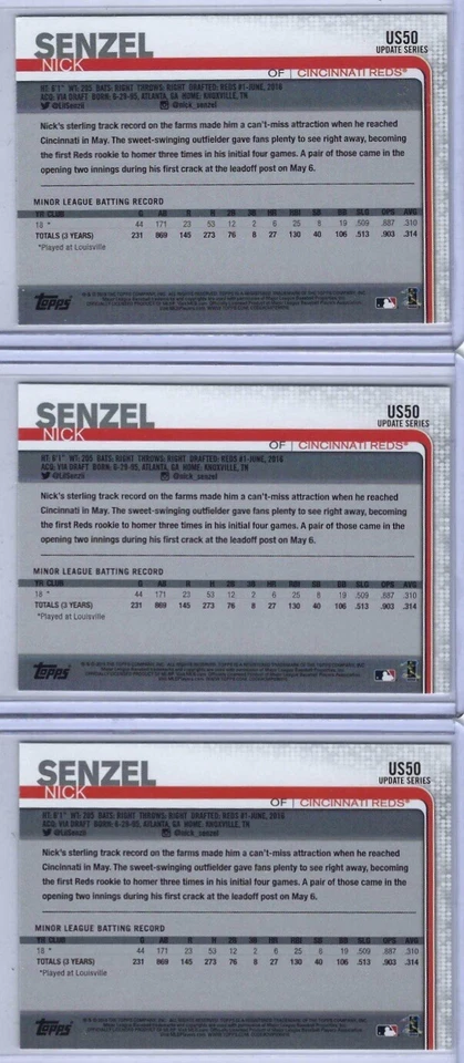 Nick Senzel - Lot (3) 2019 Topps Update Series Rookie Cards RC #US50 - CIN REDS! - Image 2 of 3