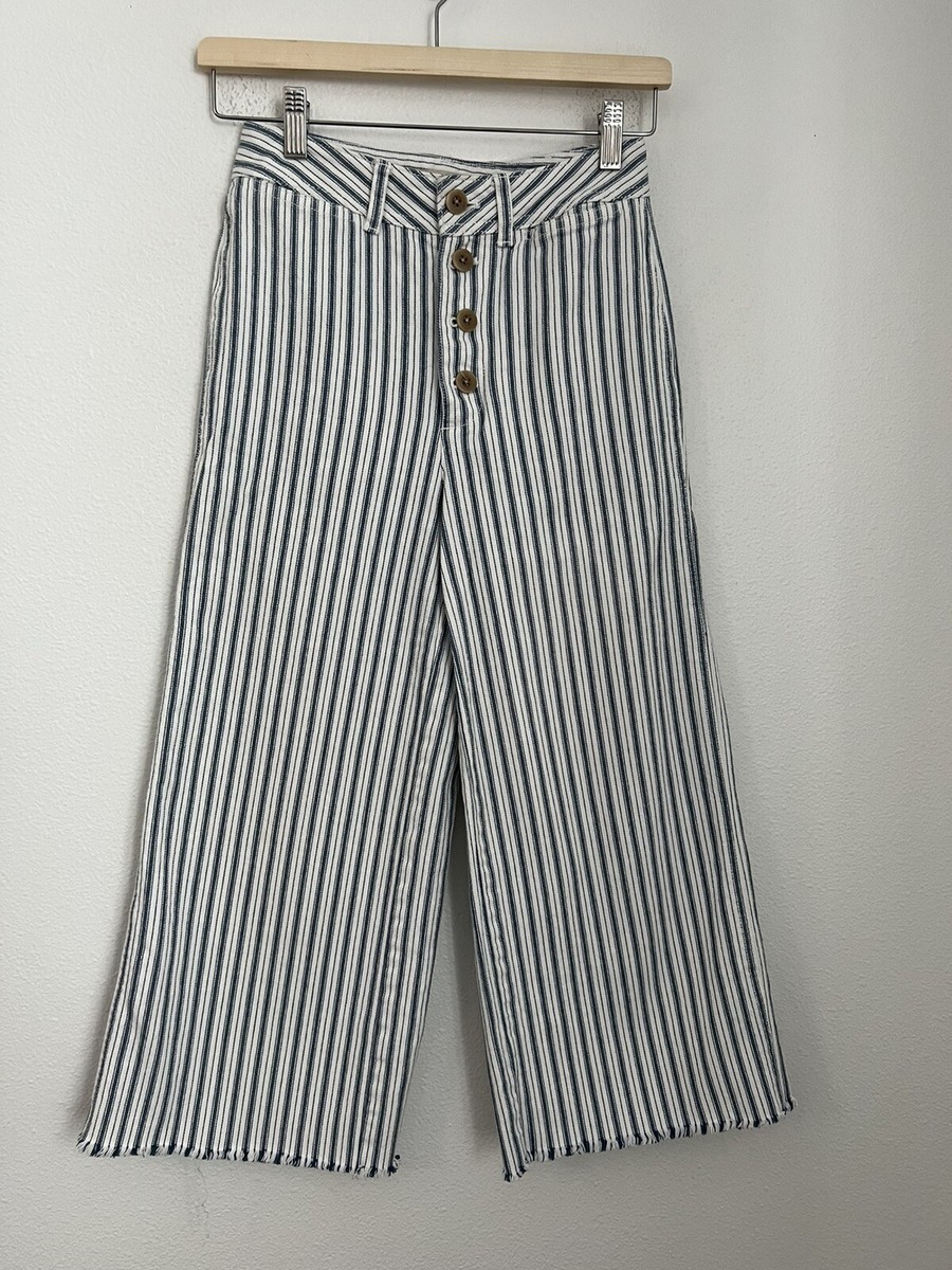 Madewell Pants Women Size 25 Emmett Wide-Leg Crop Blue Railroad Stripe Raw  Hem