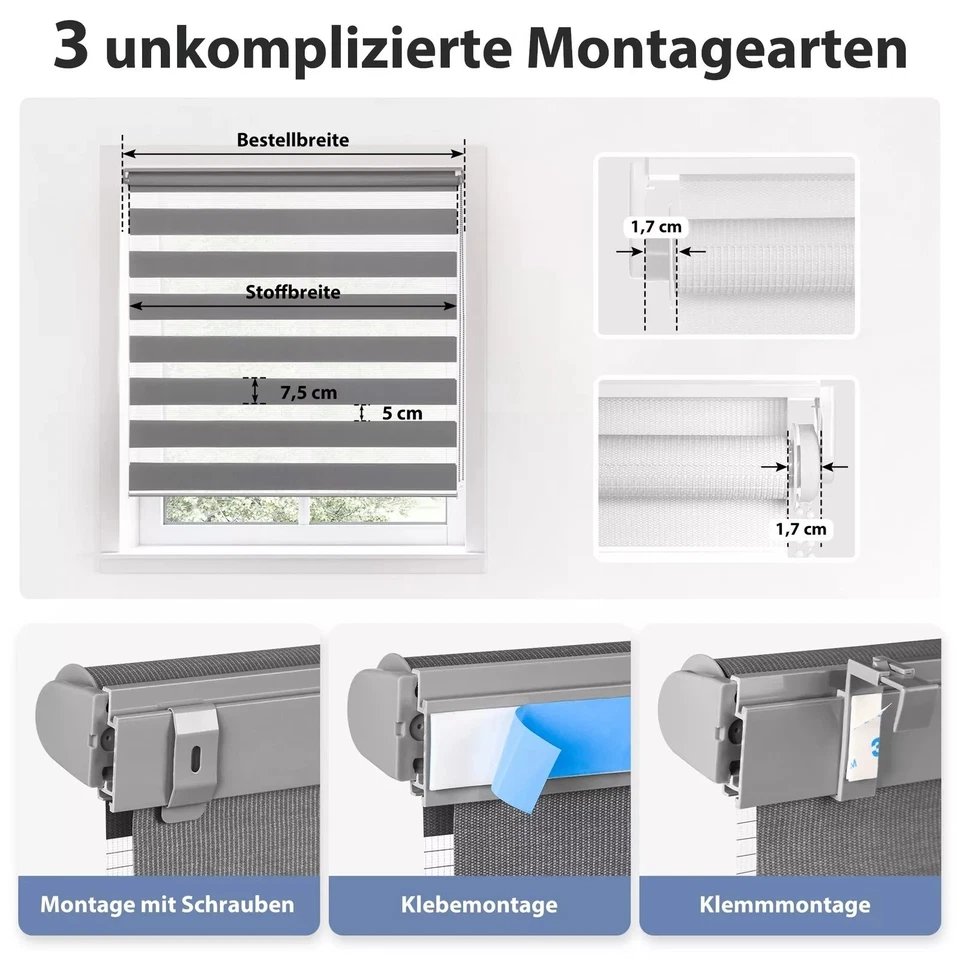 Doppelrollo Duo Rollo Klemmfix ohne Bohren Fensterrollo Zebrarollo Duorollo Grau - Bild 4 von 4