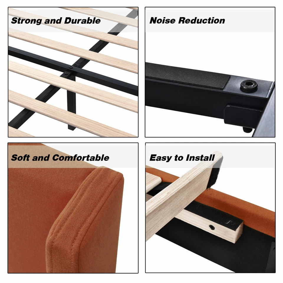 Marco de cama de plataforma moderno tamaño completo Sifurni con respaldo de ala, naranja quemado Foto 4 de 4