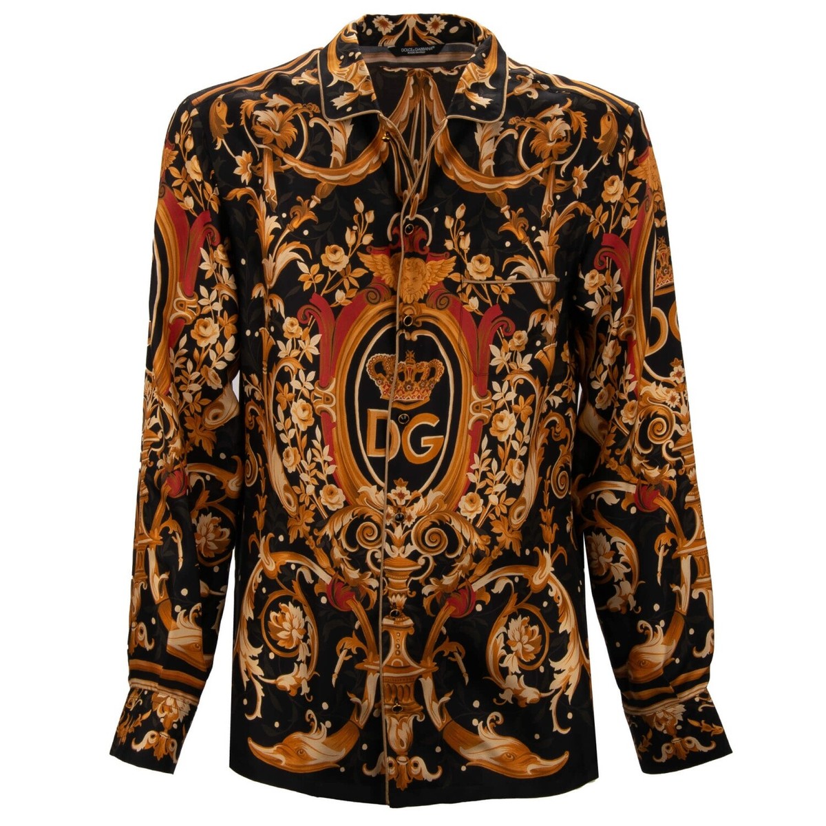 Chemise Homme Dolce & Gabbana Soie Noire - Motif Baroque (croix, Cœur, Couronne), Taille S, Neuve