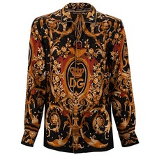 DOLCE & GABBANA Camicia In Seta Nera E Oro Con Stampa Logo DG A Motivo Barocco