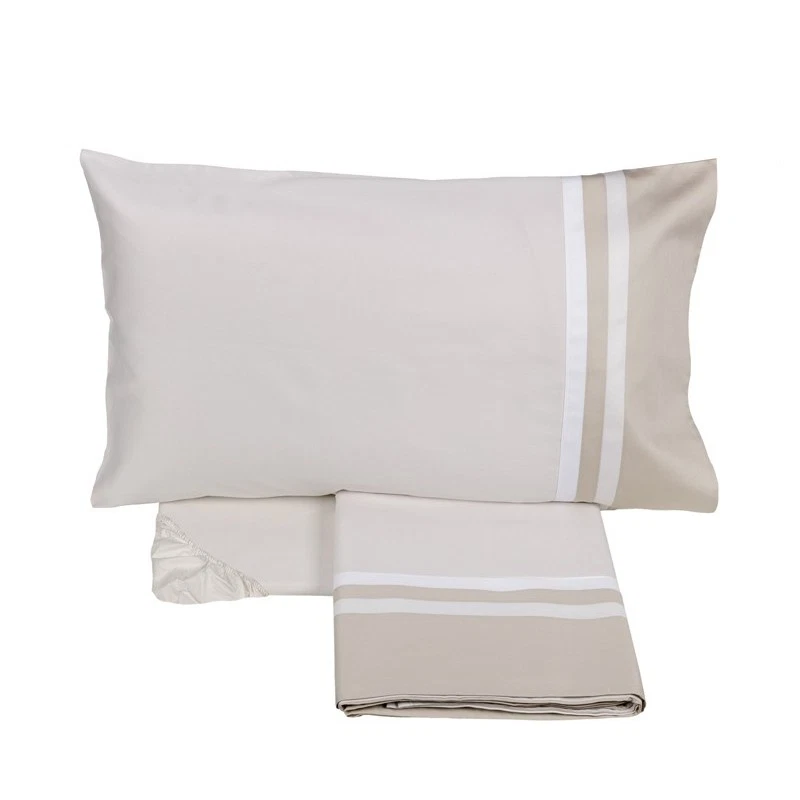 Completo Lenzuola Matrimoniale 2 Piazze FAZZINI Beige Letto 100% RASO di Cotone, fotografia 5 di 8