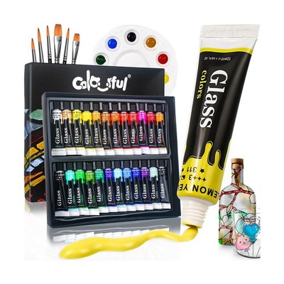 Colorful Stain Glass Paint Set with 6 Brushes, 1 Palette, 24 Color ... Fast Ship