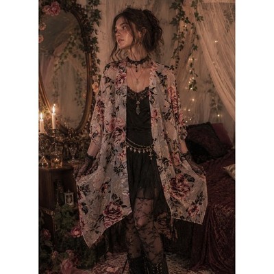 Velvet Burnout Floral Kimono Wrap Sheer Pink Black OS Fairy Whimsigoth Ethereal