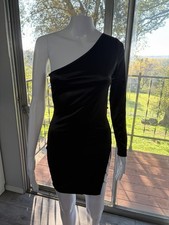 Black One Shoulder Mini Dress Chain Detail Side Slit Bodycon Party Clubwear M