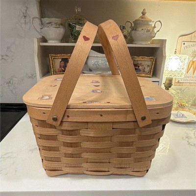 Large Woven Picnic Basket Wood Teddy Bear Lid Gingham Liner Brown Rectangle