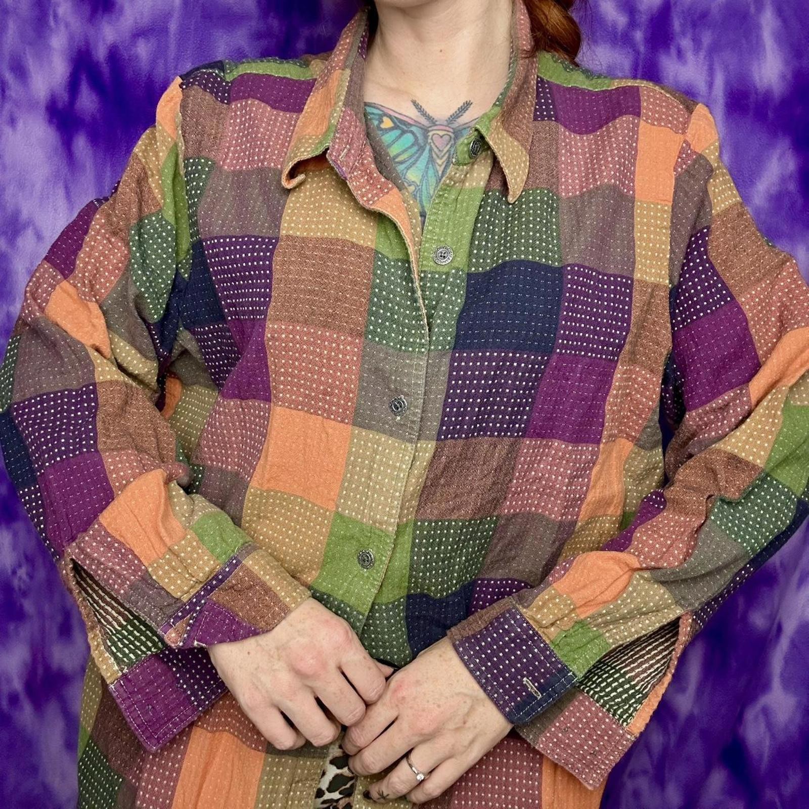 Multicolored patchwork plaid button-up shirt - image 2