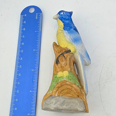 Blue Jay Bird Ceramic Figurine Blue and Yellow Bird on Tree Stump