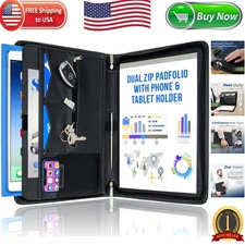 Water-Resistant Leather Zipper Padfolio with Business Card Slots & Tablet Sleeve