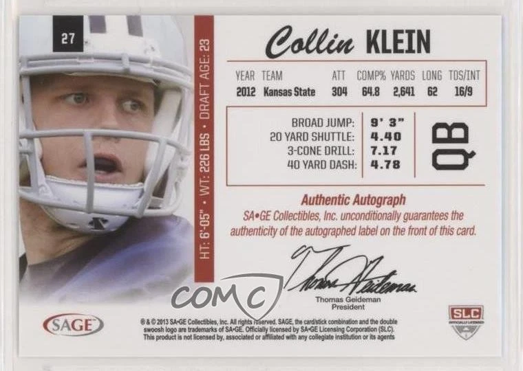 2013 SAGE Auto Gold /100 Collin Klein #27 Rookie Auto RC - Image 2 of 2