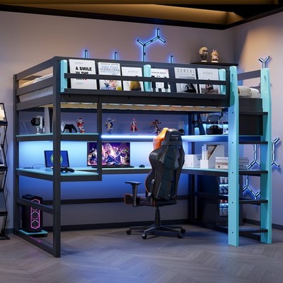 Full Size Wood Loft Bed with Desk,Side storage rack,Multi-storage Shelves and