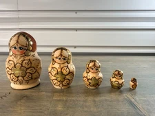 Wooden Russian Nesting Doll Set Wood Burned Gold Glitter 5 Pieces