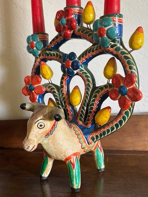 【vintage】メキシコ民芸 ツリーオブライフ 生命の樹　燭台　アンティーク Vintage Mexican Folk Art Pottery Bull Tree of Life Candle Holder
