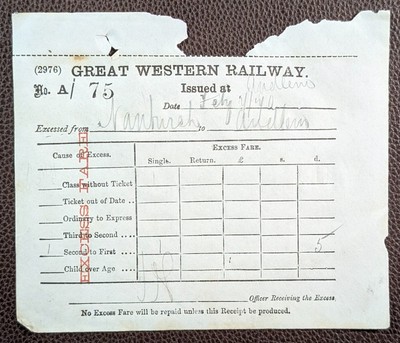 1870? Great Western Railway Nantwich to Audlem 1st Class Excess Fare Receipt