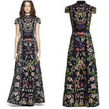 Alice + Olivia NIDIA Navy Blue Floral Embroidered Beaded Gown Lace - Size 4
