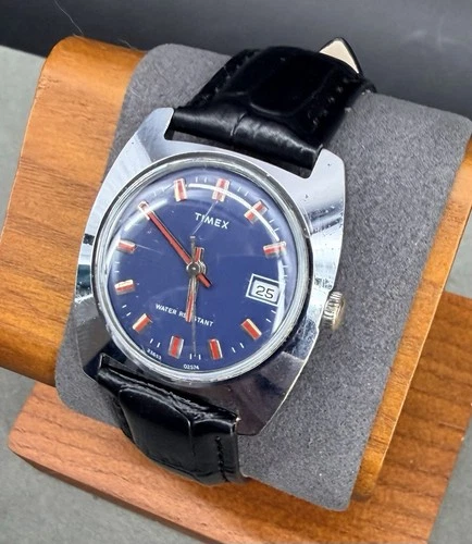 VINTAGE 1974 TIMEX MARLIN 236532 Men's 34mm Date Watch Mechanical New Strap A001