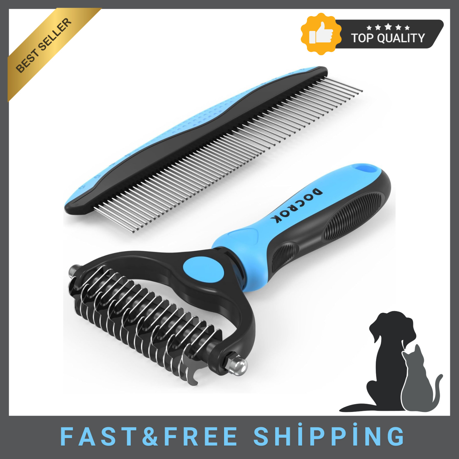 Pet Grooming Combo - Blue Deshedding Brush with Metal Comb for Detangling and De