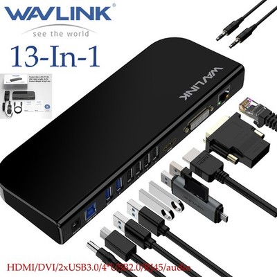Wavlink USB-C Dock Laptop Docking Station Dual Video HDMI and DVI/VGA/RJ45 USB A