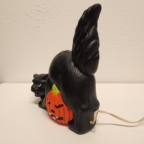 Vintage Hand Painted Ceramic Pumpkin Jack O’Lantern Black Cat Halloween Decor - Picture 2 of 8