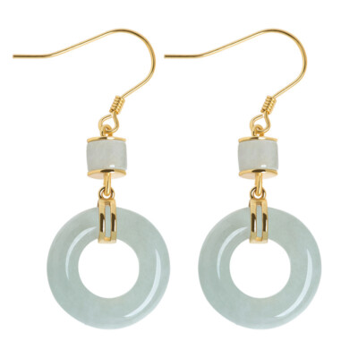 Pure S925 Silver Inlaid Natural Ice A Jade Jadeite Donut Dangle Hook Earrings