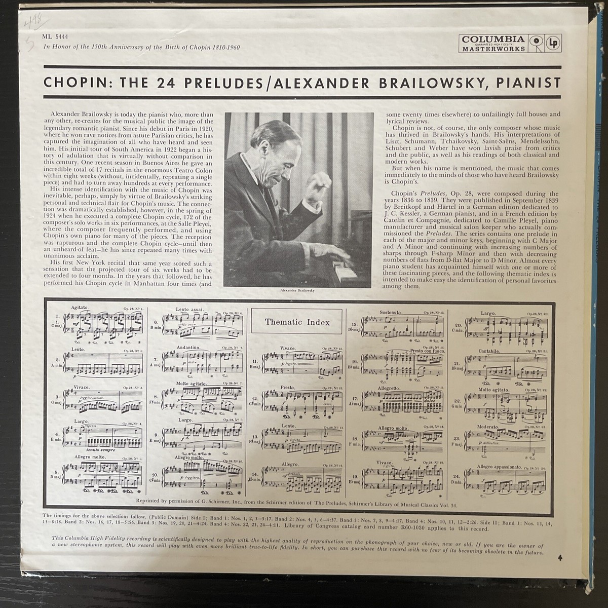 Chopin: The 24 Preludes/ Brailowsky, Piano Columbia 6-Eye Mono ML