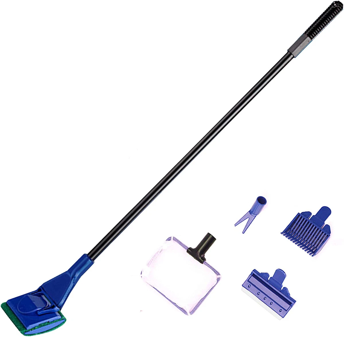 JZMYXA Aquarium Cleaning Tools Kit 5 in 1 Function for Long Deep Fish Tank, Adjustable Length Rod, Including Algae Scrape, Cleaning Sponge, 3.9