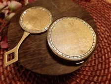 Vintage DBGM Emrich BRushed Gold Rhinestone Compact & Hand Mirror