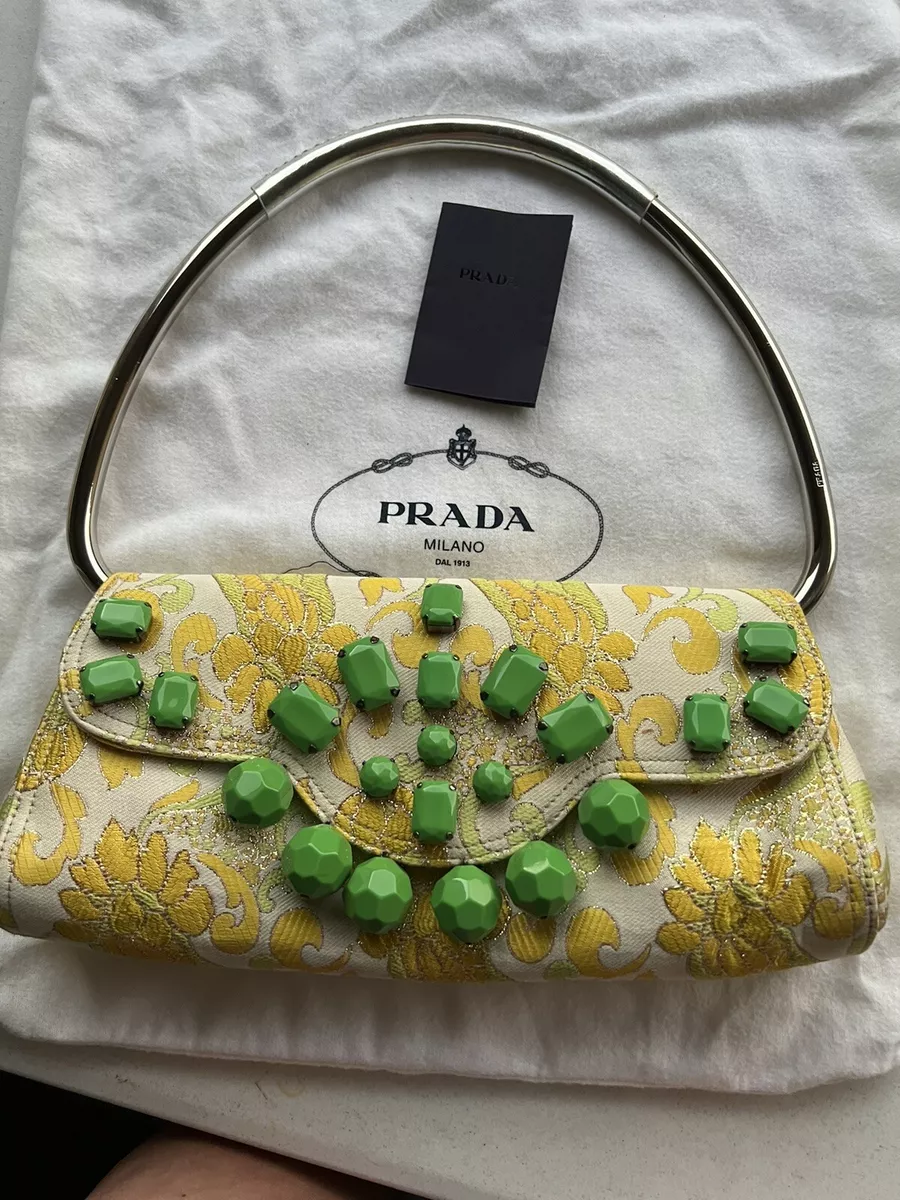 Gorgeous Unique Prada Handbag Gold Thread Silver Handle Green Yellow Beige  Color