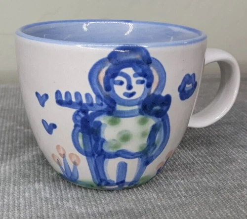 M.A. Hadley Pottery Farmer Mug Country Scene Blue "The End" 8oz USA Signed