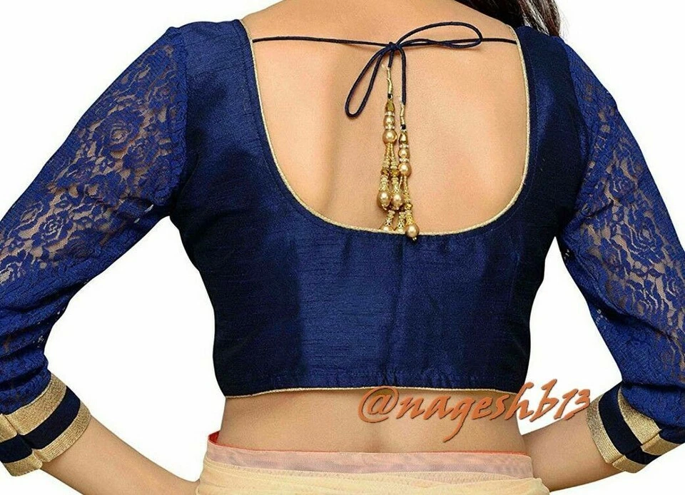 Blusa sari confeccionada, blusa sari india, top sari manga larga azul marino Foto 2 de 2