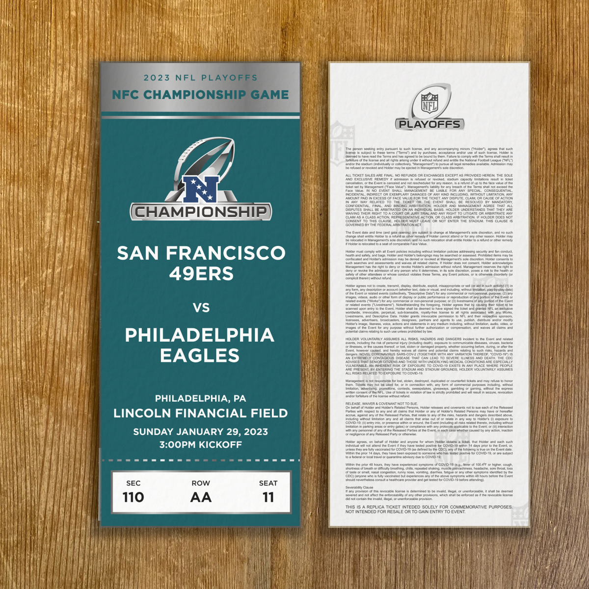 2023 NFC Championship Game Eagles vs 49ers Replica Ticket Stub Custom Any  Seat