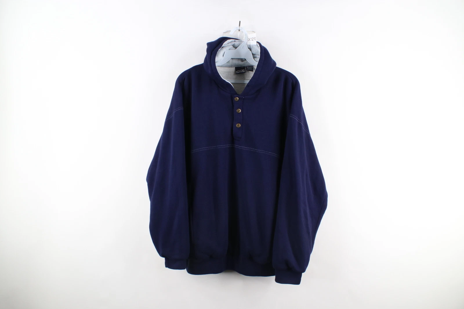Vintage 90s Streetwear Mens Large Faded Blank Thermal Lined Henley Hoodie Blue