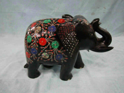 Mármol Negro Elefante Figurita Incrustación Pietra Dura Handmade Decorativo De