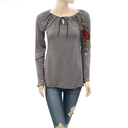 Caite Anthropologie Striped Printed Tunic Top Floral Embroidered S 272558